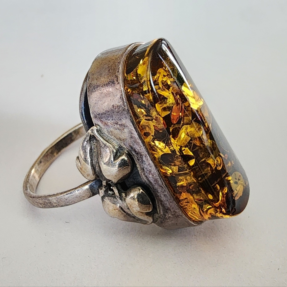 Vtg Baltic Amber Sterling Silver Leaf Ring Large Green Size 8.5
